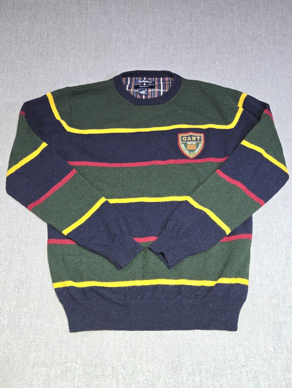 Gant Med Green Navy Yellow And Red Striped Lambswool Crewneck Sweater